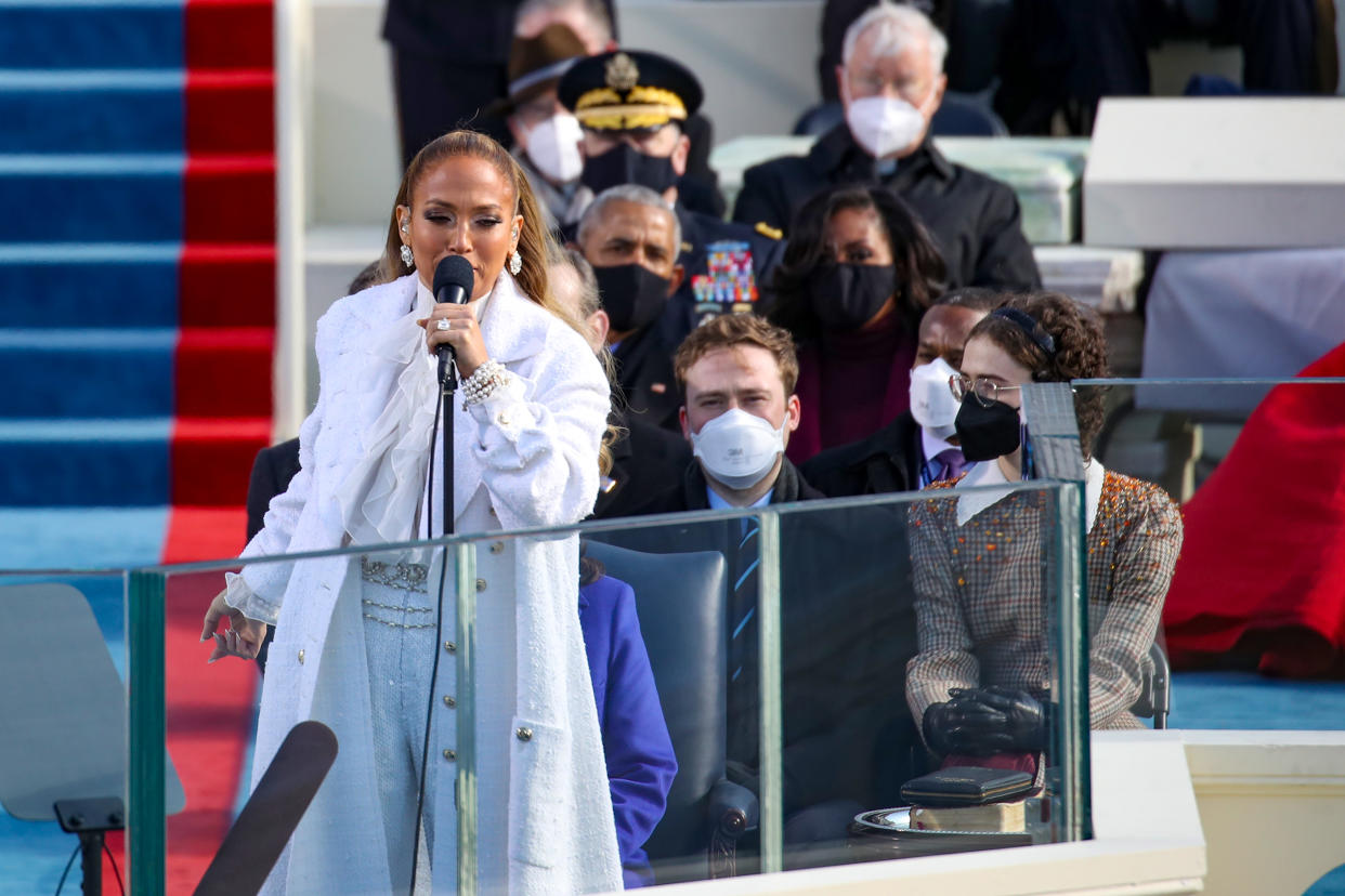 WASHINGTON, DC - JANUARY 20: Jennifer Lopez sings during the inauguration of U.S. President-elect Joe Biden on the West Front of the U.S. Capitol on January 20, 2021 in Washington, DC.  During today's inauguration ceremony Joe Biden becomes the 46th president of the United States. (Photo by Rob Carr/Getty Images)