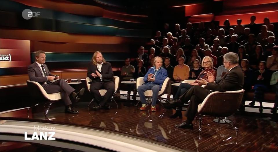 Zu Gast bei “Markus Lanz”: Anton Hofreiter, Helge Schneider, Christiane Hoffmann und Sir Christopher Clarke. (Bild: Screenshot ZDF)