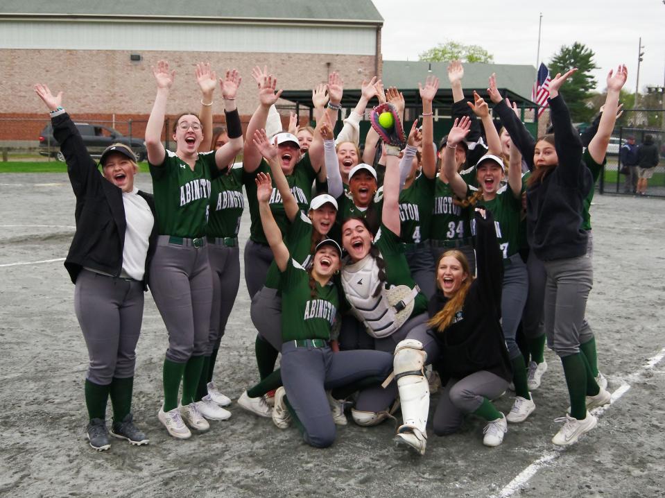 The Abington Green Wave Varsity Softball Team celebrates a big win over the East Bridgewater Vikings 8-1 on Tuesday, April 30, 2024, to remain undefeated.