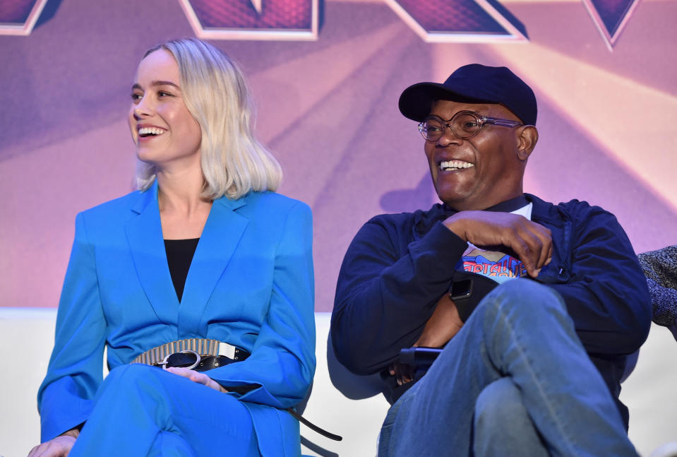 Actors Brie Larson (L) and Samuel L. Jackson speak onstage during Marvel Studios’ “Captain Marvel” Global Junket Press Conference at The Beverly Hilton Hotel on February 22, 2019 in Beverly Hills, California.