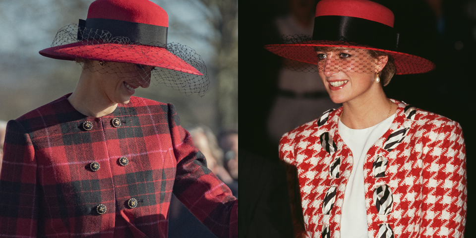 <p>It's clear from the hat alone that <em>The Crown</em>'s wardrobe department drew inspiration from the Moschino suit and Philip Somerville hat Princess Diana wore on an official visit to Canada. The royal frequently wore bold colors and plaid in real life.</p>
