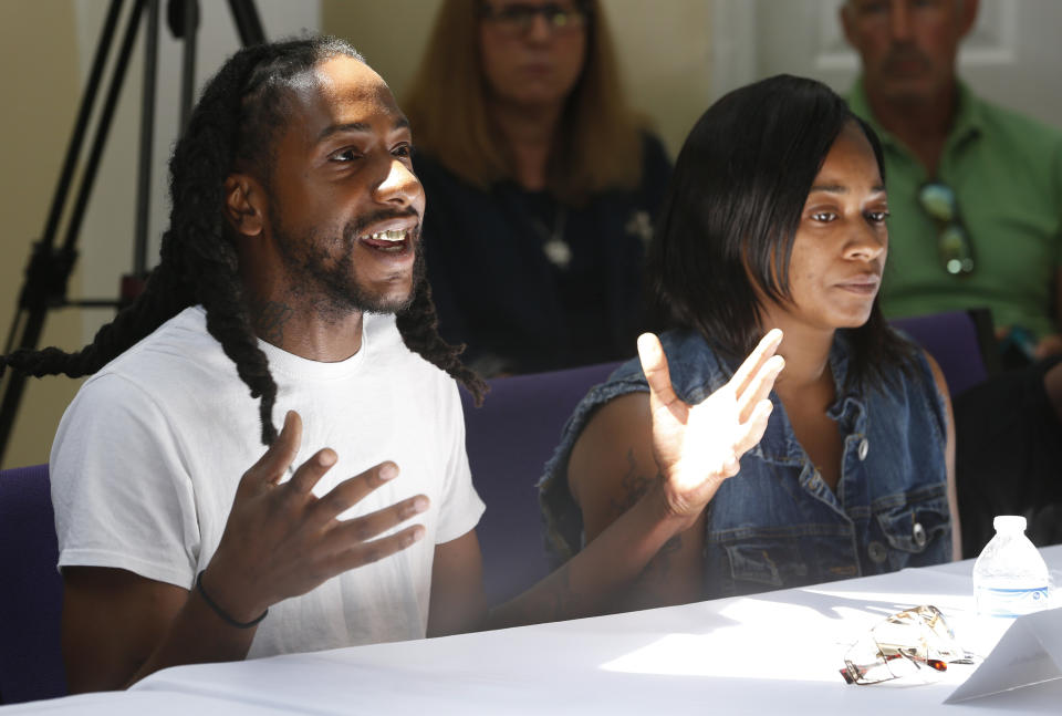 Mark Whitfield, father of a 9-year-old shooting victim, gestures during a gun violence prevention roundtable discussion in Richmond, Va., Monday, June 17, 2019. (AP Photo/Steve Helber)