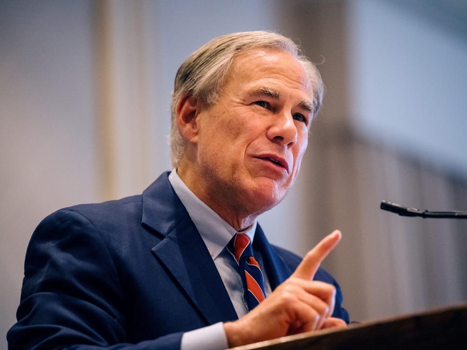 Texas Governor Greg Abbott speaks during the Houston Region Business Coalition's monthly meeting on October 27, 2021 in Houston, Texas.