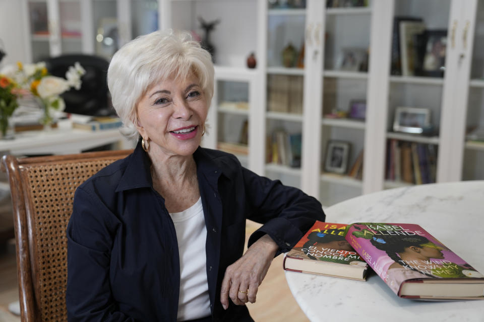 Author Isabel Allende poses at her writing studio in Sausalito, Calif., on April 12, 2023, to promote her latest book "The Wind Knows My Name." (AP Photo/Eric Risberg)