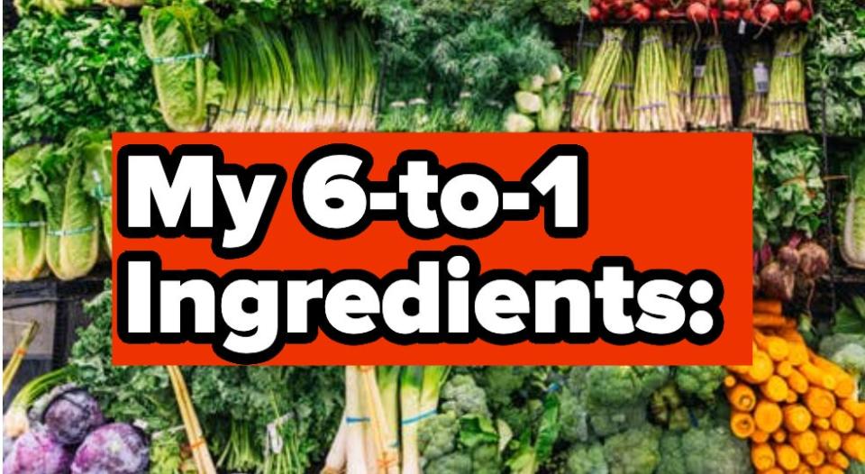 Fresh vegetables on display with text "My 6-to-1 Ingredients."