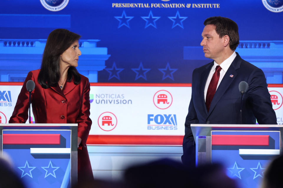 Nikki Haley and Ron DeSantis face off during a Republican candidates' debate.