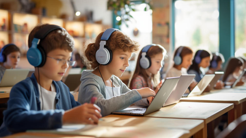 School children in a classroom using digital learning services to access educational content.