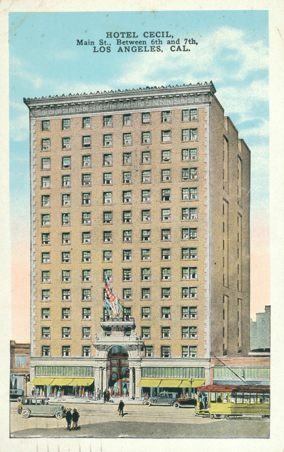 Colored illustration of Cecil Hotel building.