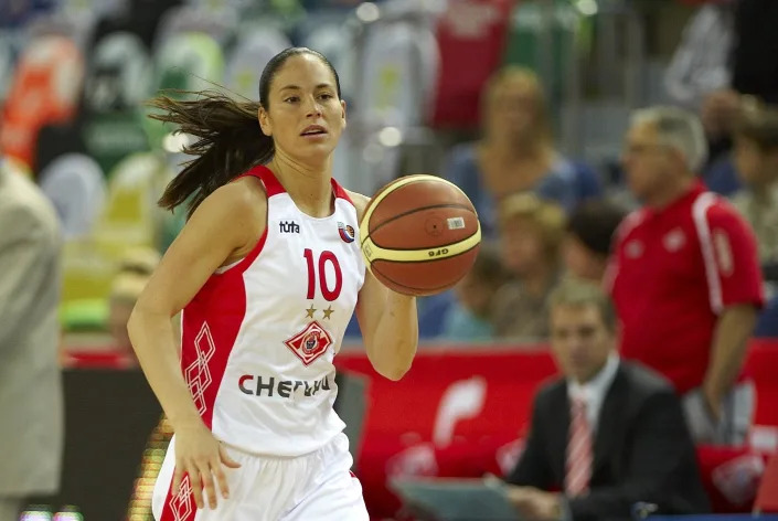 Sue Bird dribbles the ball during a game for Spartak Moscow in Russia