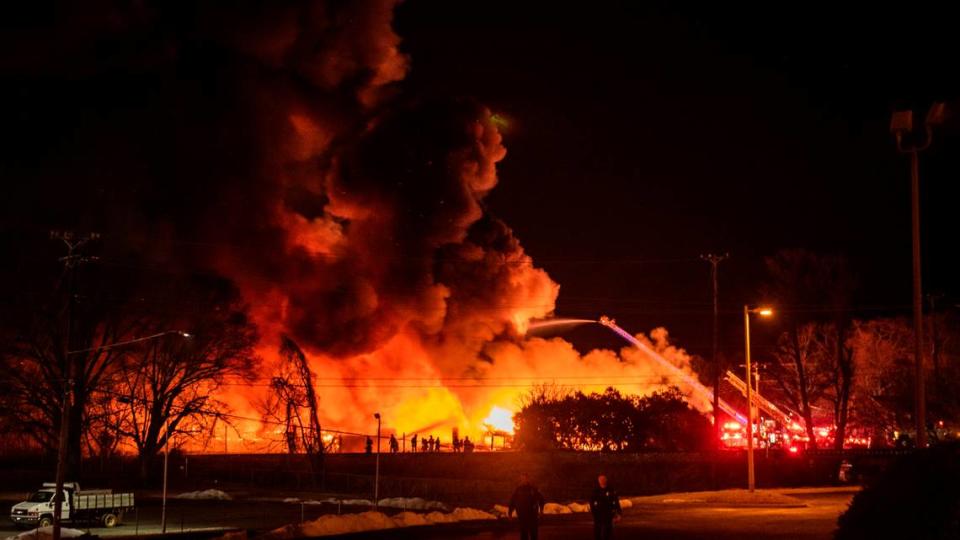 A structure fire burns at the Weaver Fertilizer Plant on Monday, Jan. 31, 2022, in Winston-Salem, N.C.