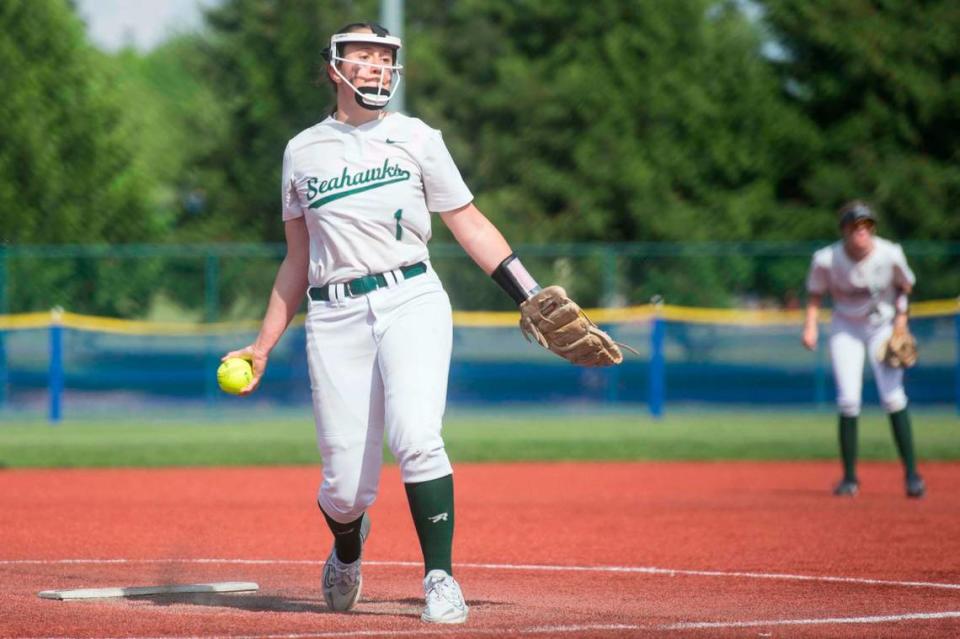 Peninsula starter Alli Kimball (1) throws a pitch in the seventh inning against Bonney Lake in the Class 3A West Central/Southwest district softball championship game on Saturday, May 20, 2023 at the Regional Athletic Complex in Lacey, Wash.