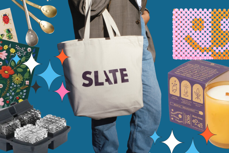 Collage photo with a blue background of different products from the Slate Shop -- an ice cube holder, a pretty embroidered notebook, a handbeaded orange and pink smiley face card holder, and a candle. In the middle is a person wearing business casual clothing (a blazer and jeans) who is holding a white Slate tote, with the Slate logo in purple. 