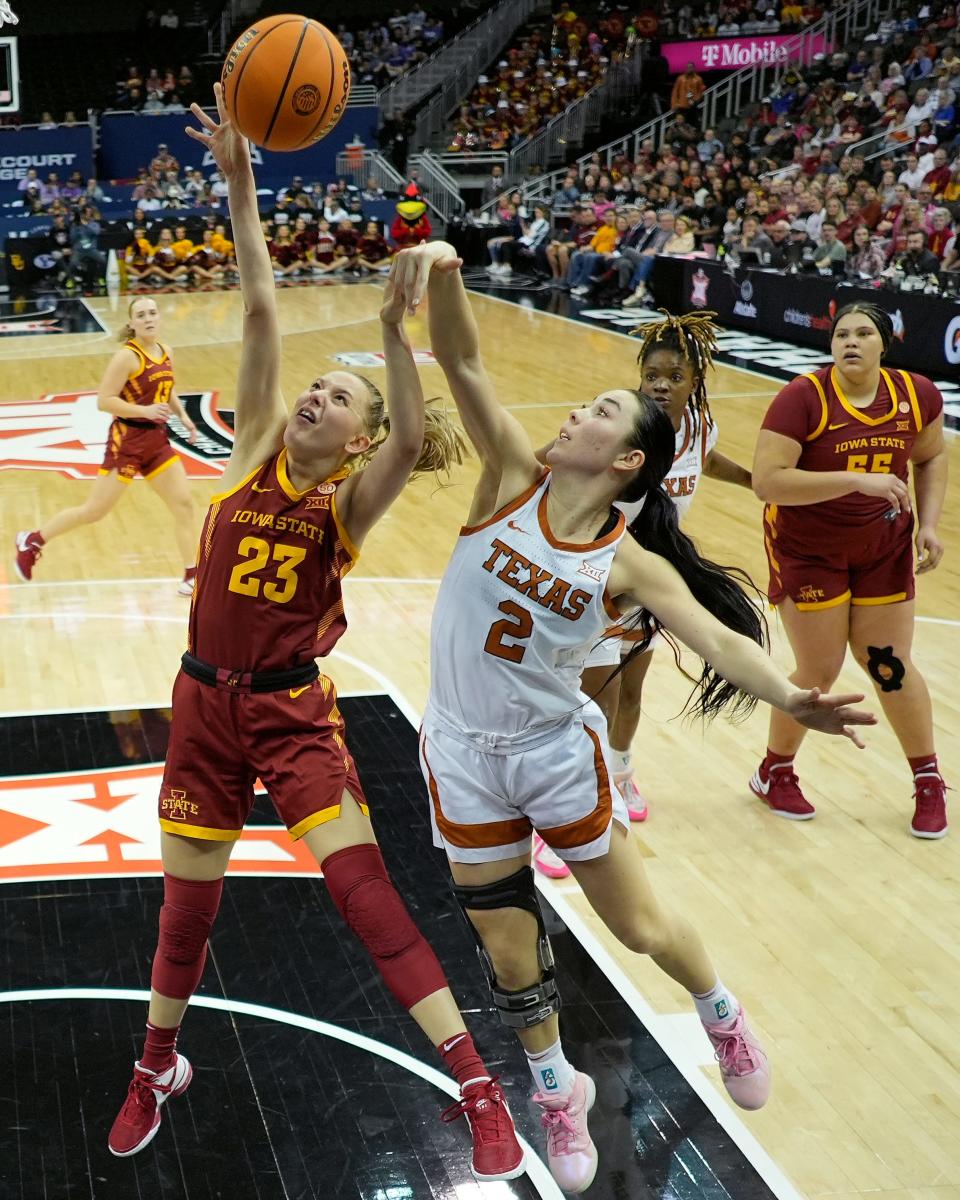 Iowa State guard Kelsey Joens shoots under pressure by Texas guard Shaylee Gonzales during the first half of the Longhorns' 50-53 win in the Big 12 Tournament championship game.