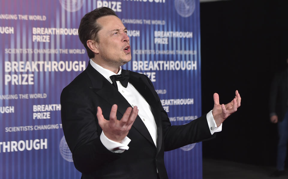 Elon Musk arrives at the tenth Breakthrough Prize Ceremony on Saturday, April 13, 2024, at the Academy Museum of Motion Pictures in Los Angeles.  (Photo by Jordan Strauss/Invision/AP)