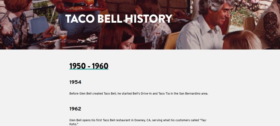 A screenshot of Taco Bell's history page, which doesn't mention Mitla Cafe or the family that showed Glen Bell how to make tacos.