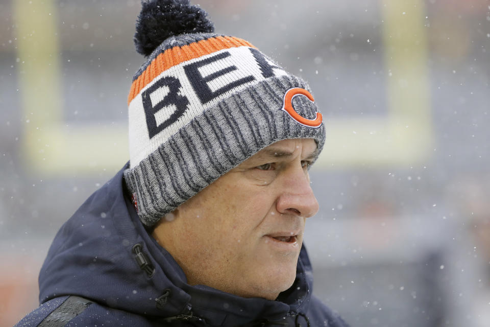 FILE - In this Dec. 24, 2017, file photo, Chicago Bears defensive coordinator Vic Fangio watches before an NFL football game against the Cleveland Browns, in Chicago. A person with knowledge of the decision tells The Associated Press that Denver Broncos general manager John Elway has decided on Chicago Bears defensive coordinator Vic Fangio as his new head coach. The person spoke on condition of anonymity Wednesday, Jan. 9, 2019, because the team hadn't announced the hiring. (AP Photo/Nam Y. Huh, File)