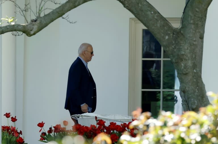 US President Joe Biden arrives at the White House in Washington, DC, on April 13, 2024. Biden cut short a weekend trip to Delaware on Saturday to return to Washington for urgent consultations on the Middle East, the White House said. Iran launched drones at Israel directly from its territory Saturday, the Israeli army said. (SAMUEL CORUM)