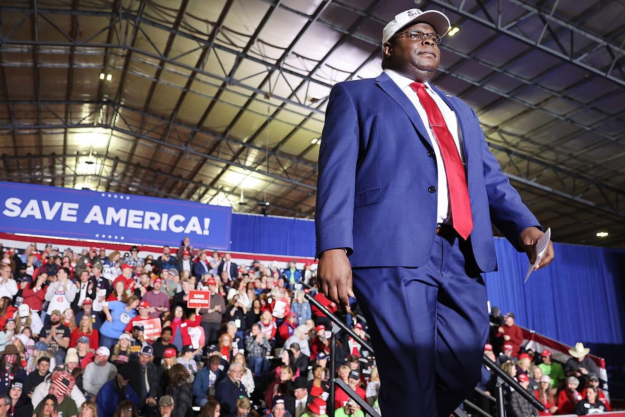 John Gibbs a candidate for congress in Michigan's 3rd Congressional district speaks at a rally hosted by former President Donald Trump on April 02, 2022 near Washington, Michigan. Trump is in Michigan to promote his America First agenda and is expected to voice his support of Matthew DePerno, who is running for the Michigan Republican party's nomination for state attorney general, and Kristina Karamo, who is running for the party's nomination for secretary of state.