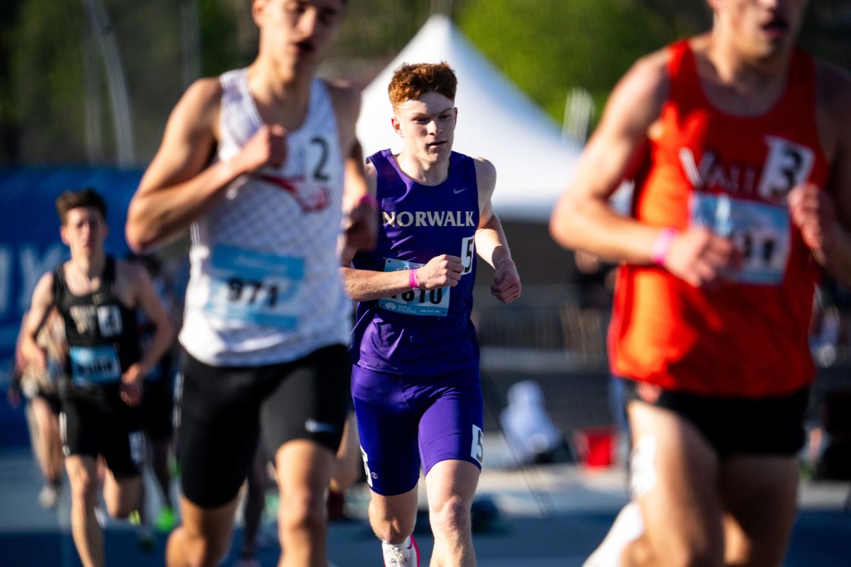 Norwalk's Tony Anania runs the boys 3200 during the Drake Relays on Thursday.