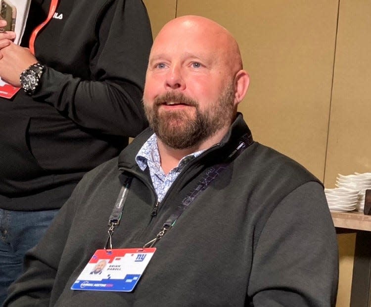 New York Giants coach Brian Daboll talks to reporters at the NFC Coaches Breakfast on Tuesday morning at the NFL Annual Meeting.