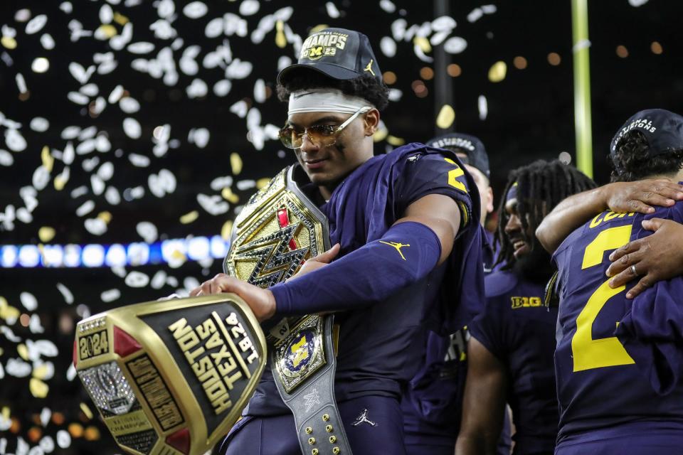 Michigan defensive back Will Johnson (2) celebrates the Wolverines' 34-13 win over Washington at the national championship game at NRG Stadium in Houston on Monday, Jan. 8, 2024.