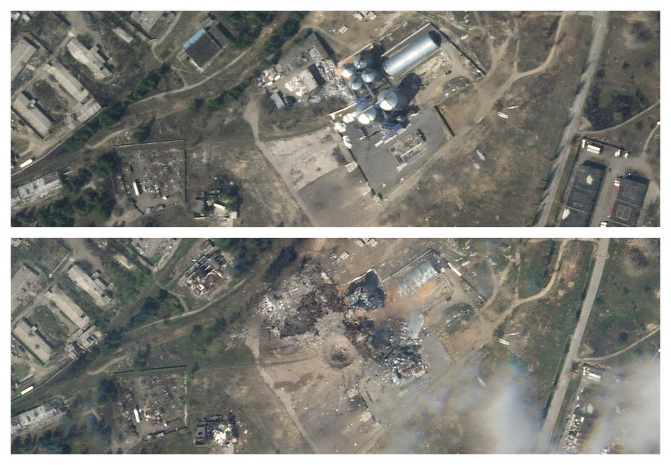 This combination of Planet Labs satellite images shows a grain elevator in Rubizhne, Ukraine on April 8, 2022, top, and after it was hit by Russian forces on April 21. (Planet Labs via AP)