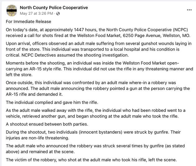Police account of a multiple-firearm shooting outside food store. (Photo: North Count Police Cooperative, Missouri)