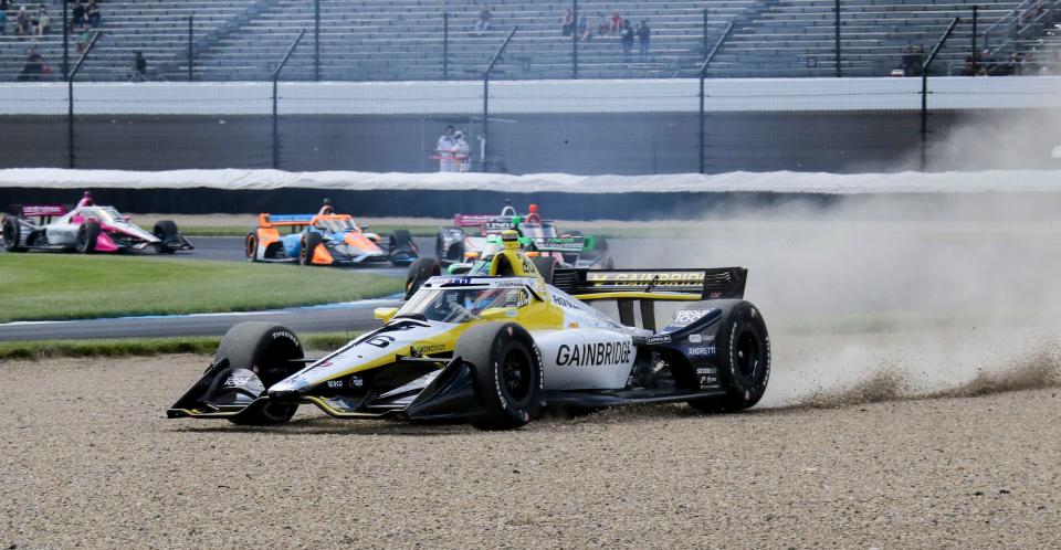 Andretti Global with Curb-Agajanian driver Colton Herta (26) goes through a gravel trap Saturday, May 11, 2024, during the Sonsio Grand Prix at Indianapolis Motor Speedway.