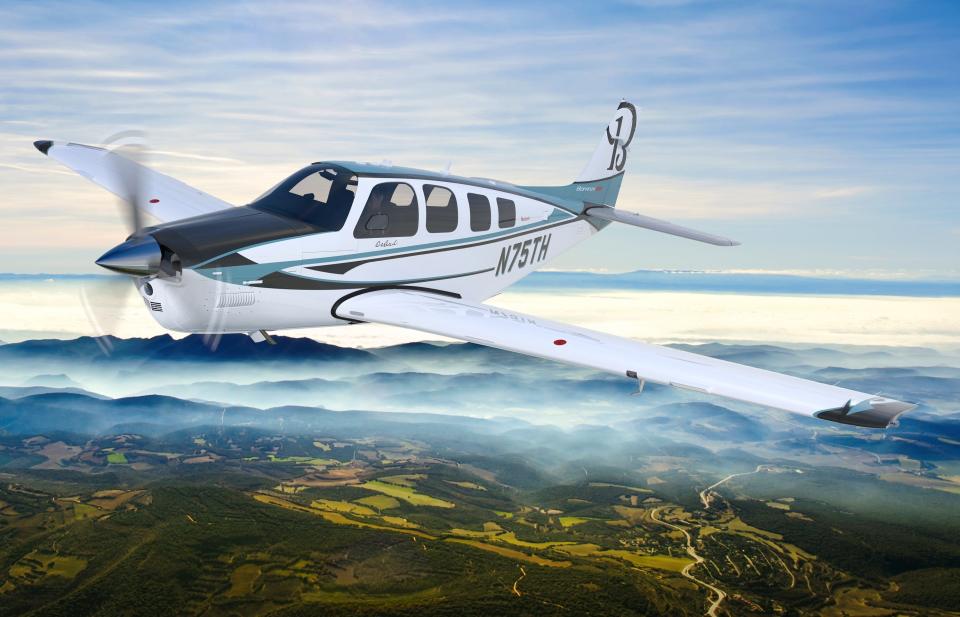 The special edition 75th anniversary option for the Beechcraft Bonanza G36 single-engine piston aircraft is distinguished by its custom interior and paint scheme inspired by Olive Ann Beechs signature blue color.