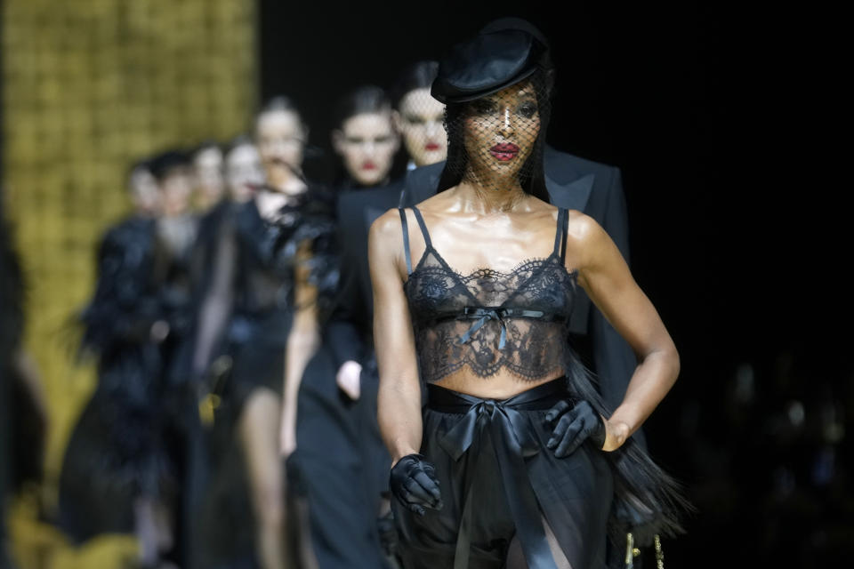 Naomi Campbell wears a creation as part of the Dolce & Gabbana women's Fall-Winter 2024-25 collection presented in Milan, Italy, Saturday, Feb. 24, 2024. (AP Photo/Luca Bruno)