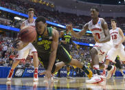 Baylor forward Rico Gathers (2) dives for a loose ball during the first half against Wisconsin in an NCAA men's college basketball tournament regional semifinal, Thursday, March 27, 2014, in Anaheim, Calif. (AP Photo/Mark J. Terrill)