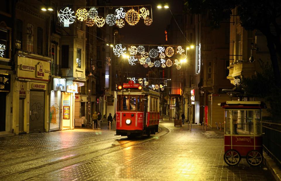 An empty tramway is seen at Istiklal Avenue just before their services are stopped within the coronavirus pandemic precautions in Istanbul, Turkey on April 5.