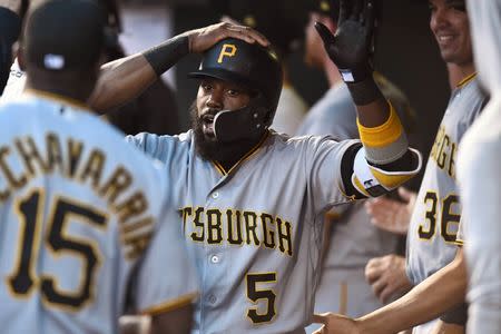 Aug 7, 2018; Denver, CO, USA; Pittsburgh Pirates second baseman Josh Harrison (5) celebrates his two run home run in the dugout in the fifth inning against the Colorado Rockies at Coors Field. Mandatory Credit: Ron Chenoy-USA TODAY Sports