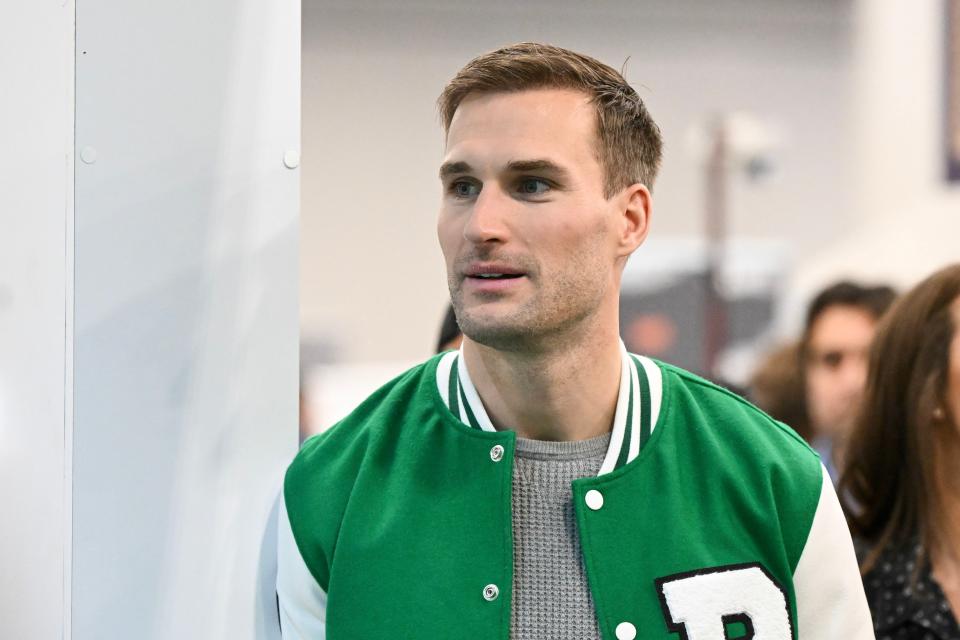 LAS VEGAS, NEVADA - FEBRUARY 09: Kirk Cousins at Radio Row at the Mandalay Bay Convention Center ahead of Super Bowl LVIII on February 09, 2024 in Las Vegas, Nevada. (Photo by Candice Ward/Getty Images)