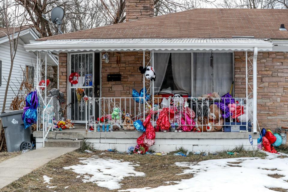The home along Adams Street in Indianapolis on Wed. Feb. 2, 2021, where a shooting left five people and an unborn child dead, was along the route of a public safety walk with Indianapolis Mayor Joe Hogsett and Indianapolis Metropolitan Police Department (IMPD) Chief Randal Taylor.