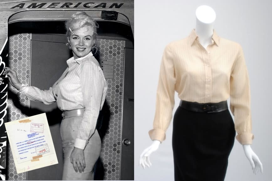 Marilyn Monroe in a striped cream-white blouse, pencil skirt and leather belt with the outfit pictured separately, right