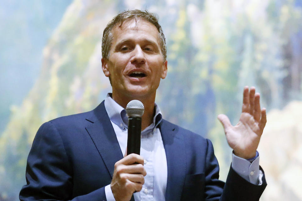 FILE - Former Missouri Gov. Eric Greitens, speaks at the Taney County Lincoln Day event at the Chateau on the Lake in Branson, Mo., April 17, 2021. Greitens, a Republican candidate for U.S. Senate in Missouri, has posted a campaign video ad on Twitter that shows him brandishing a long gun and declaring that he’s hunting RINOs, or Republicans In Name Only. (Nathan Papes/The Springfield News-Leader via AP, File)