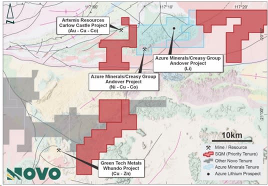 Figure 6: Location of Priority Tenement adjacent to Azure Minerals’ Andover Lithium – Nickel Project.