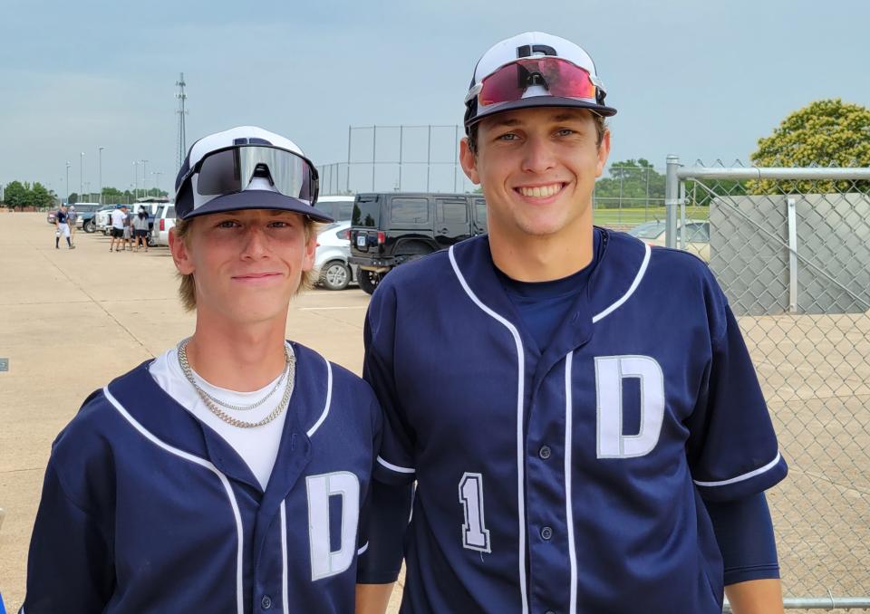 Shortstop Brady Howard, left, and outfielder/pitcher Evan Bogart helped lead the Salina Drive to a 4-0 record and first-place finish in Pool B of the Kansas All-American Grand Slam 16-under tournament Thursday and Friday. The Drive will face the Salina Eagles in a 4 p.m. semifinal game Saturday at Dean Evans Stadium.