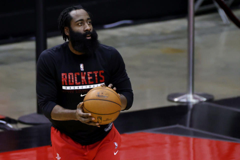 James Harden warms up prior to a game for the Rockets.