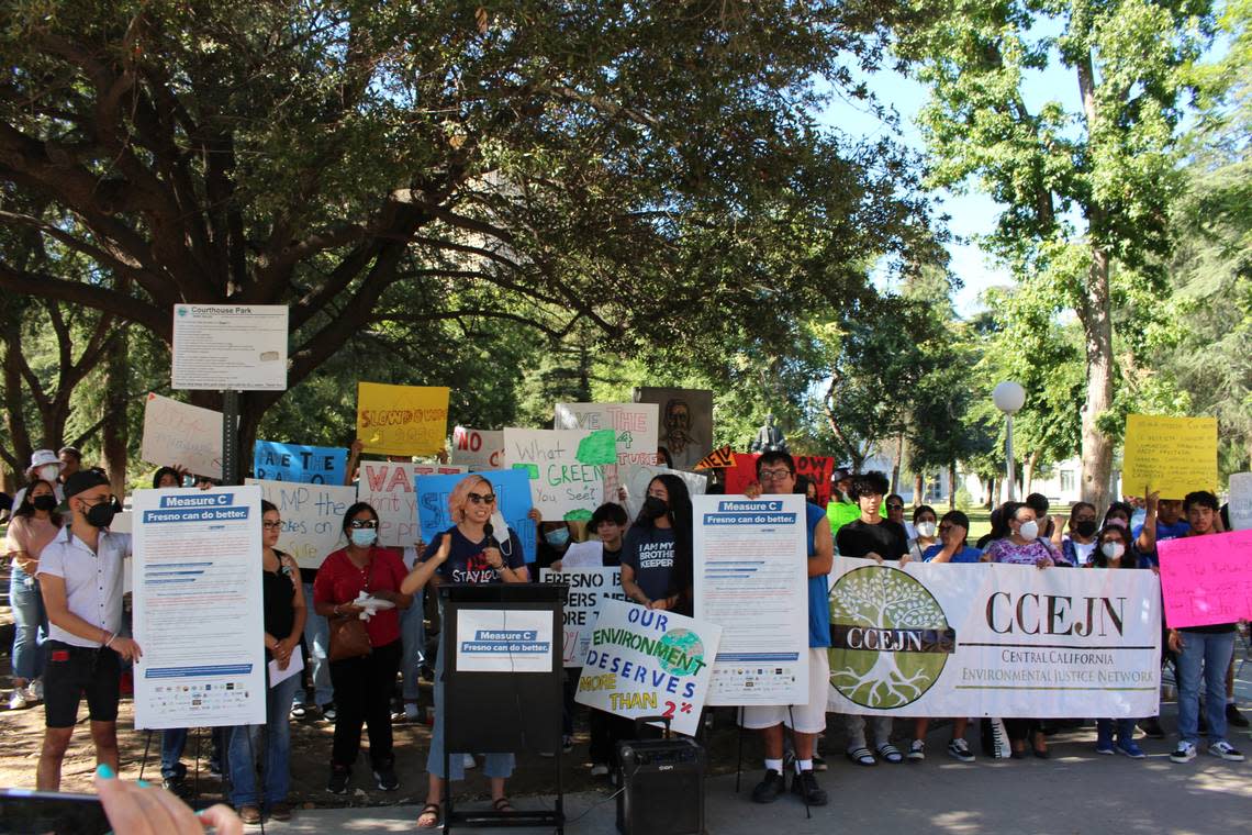 Grecia Elenas of Leadership Counsel for Justice and Accountability speaks at the Measure C youth rally on June 30, 2022