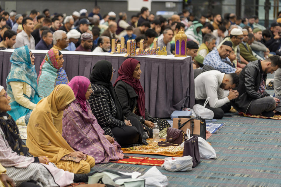 American Muslims pray to mark the end of the holy month of Ramadan in Los Angeles Wednesday, April 10, 2024. As the war in Gaza enters its seventh month, some Muslim and Arab American leaders have grown frustrated with outreach from President Joe Biden's White House. The fractured relationship could jeopardize the Democratic president's reelection campaign and help pave the way for Republican Donald Trump to return to the White House. (AP Photo/Damian Dovarganes)