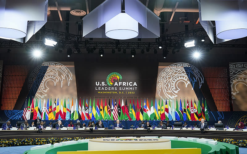 President Biden participates in a U.S.-Africa Leaders Summit session on partnering on the African Union’s Agenda 2063, on Dec. 15 in Washington, D.C. <em>Associated Press/Patrick Semansky</em>