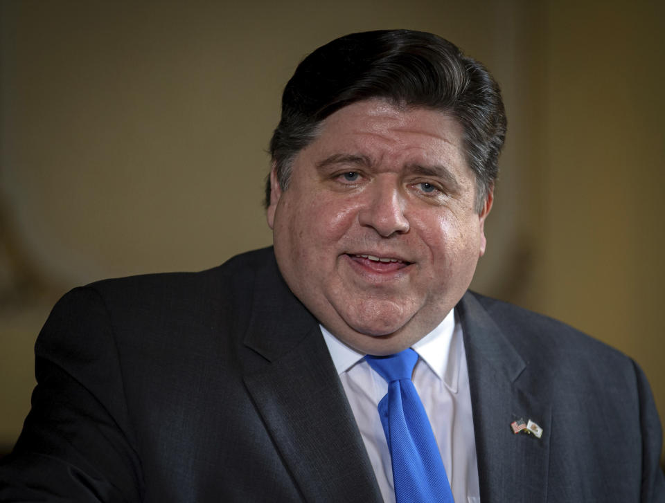 Illinois Gov. JB Pritzker answers questions from the media during his daily press briefing on the COVID-19 pandemic from his office at the Illinois State Capitol, Friday, May 22, 2020, in Springfield, Ill. (Justin L. Fowler/The State Journal-Register via AP, Pool)