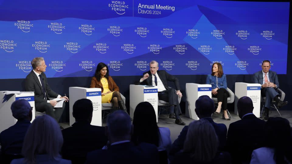 Gita Gopinath (second from left) and Francois Villeroy de Galhau (center) both stressed this week that the job of reining in inflation was "not yet done." - Stefan Wermuth/Bloomberg/Getty Images