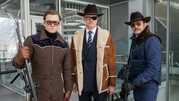 (L-R) Taron Egerton, Colin Firth, and Pedro Pascal in "Kingsman: The Golden Circle."