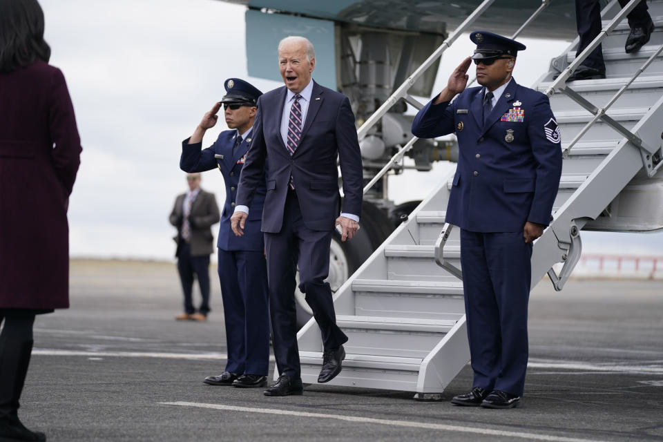 President Joe Biden arrives at Boston Logan International Airport to attend several campaign fundraisers, Tuesday, Dec. 5, 2023, in Boston. (AP Photo/Evan Vucci)