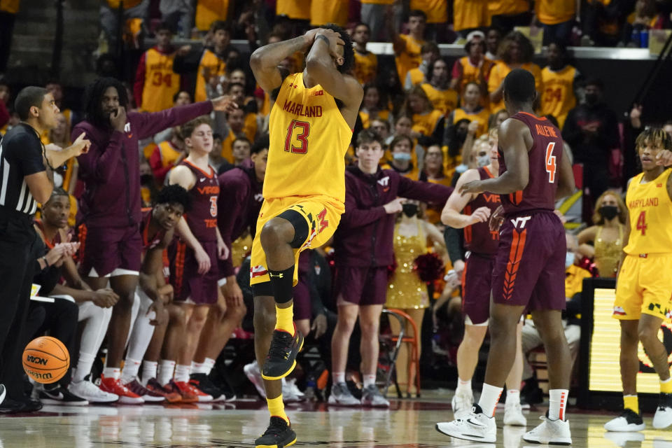 Maryland guard Hakim Hart reacts after a play against Virginia Tech during the second half of an NCAA college basketball game, Wednesday, Dec. 1, 2021, in College Park, Md. Virginia Tech won 62-58. (AP Photo/Julio Cortez)