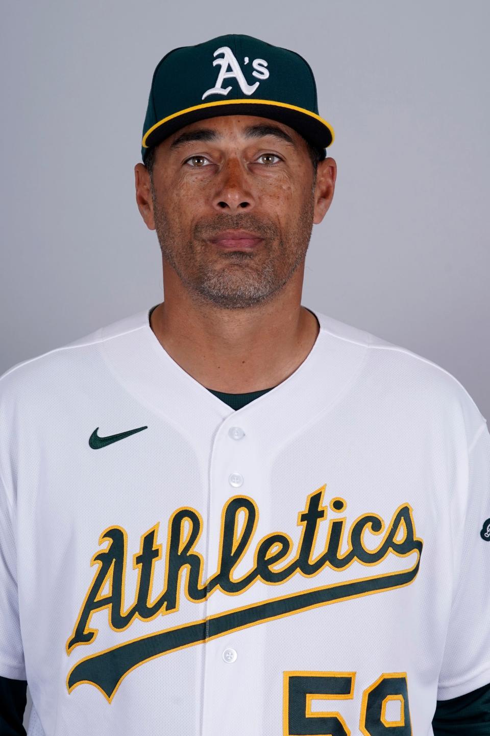 This is a 2022 photo of bullpen coach Marcus Jensen of the Oakland Athletics baseball team.