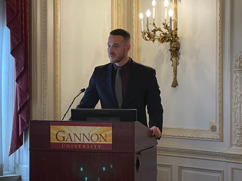 Easton Bazzoli is introduced as the new head coach of the Gannon men’s basketball team Thursday.